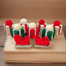 Handmade Needlepoint Plastic Sleigh Christmas Present Ornaments Lot of 9 Vintage