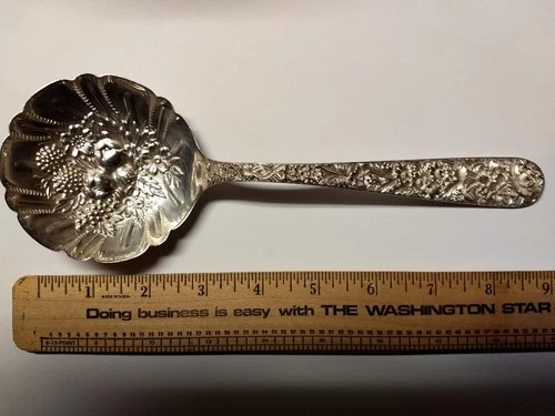 Vintage 9.25" S. Kirk&Son Sterling Silver Repousse Berry Serving Spoon 4.38 oz