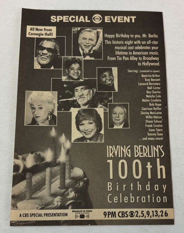 1988 CBS tv ad~ IRVING BERLIN'S 100TH BIRTHDAY Frank Sinatra, Willie Nelson, etc