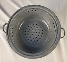 Vintage Grey Enamelware Colander Strainer + Bowl Graniteware