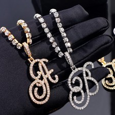Initial Pendant Necklace A-Z Cursive Letter Crystal Link Chain Women Jewelry