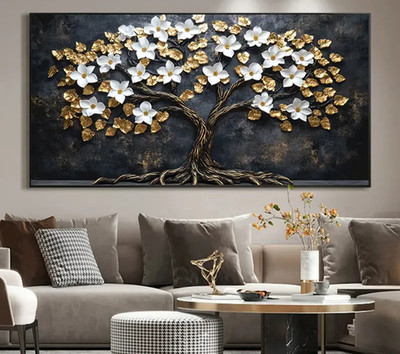 Abstract Golden Tree with White Flowers  Unframed Canvas Painting for Living