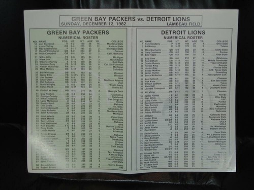 1982 LIONS AT PACKERS NFL FOOTBALL PROGRAM WITH SIDELINE CARD EX-MINT - Picture 3 of 3