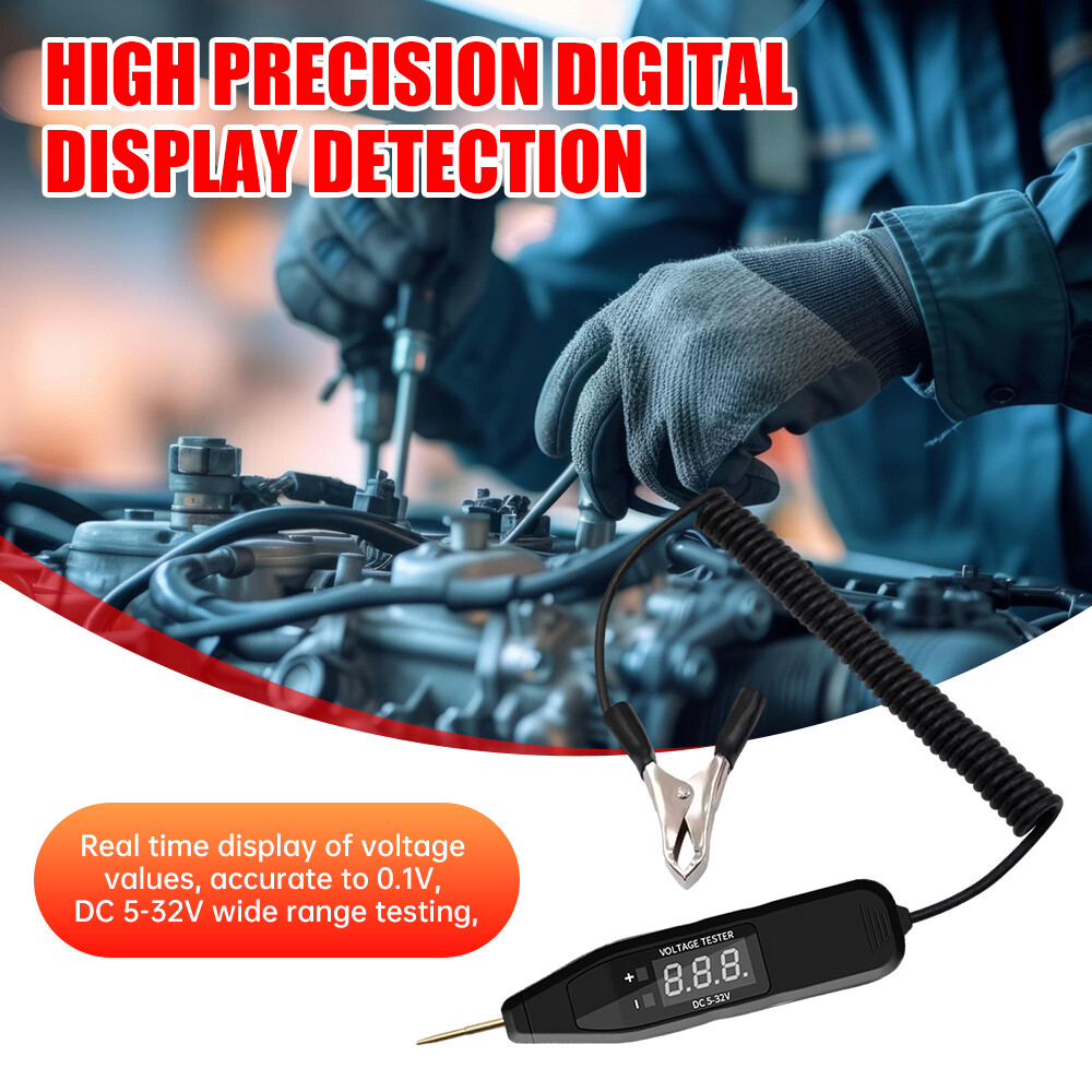 Automotive Test Lamp with 5-120V LED Digital Voltage Display, Automotive Circuit Tester with Voltmeter and Two-Tone Polarity Indicator, Electric Test Pen with Long Probe
