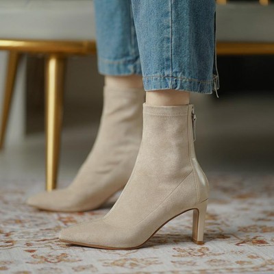 Women Block Heel Ankle Boots French Pointed Toe Faux Suede Short Booties Pumps