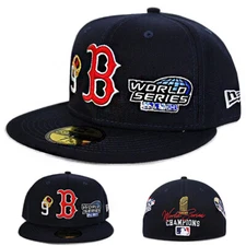 New Era Boston Redsox Navy Fitted Hat MLB 9X World Series Champ Ring Patches Cap
