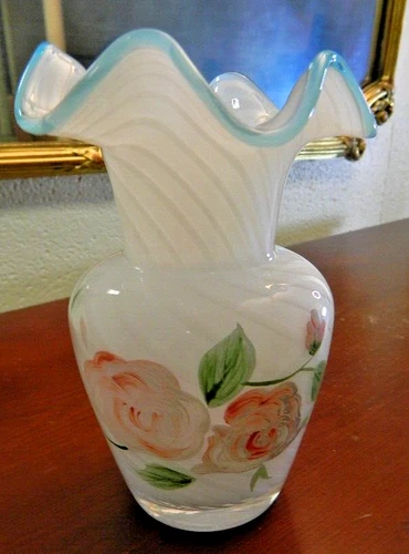 Fenton Hand Painted French Opalescent Spiral Optic Vase w/Blue Crest
