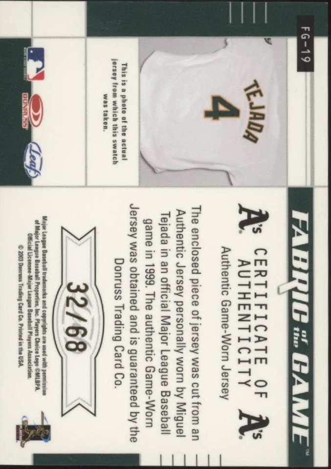 Miguel Tejada 2003 Leaf Certified Fabric of the Game Swatch 32/68 #FG-19 - Image 2 of 2