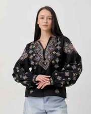 Ukrainian Vyshyvanka Black embroidered women blouse woman shirt Embroidery S-3XL