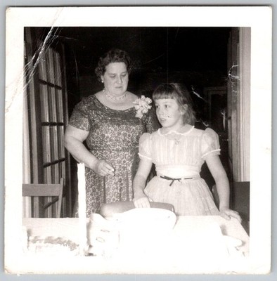 Vtg B&W Snapshot Grandma And Girl IN Party Dresses With A Birthday Cake 1950s