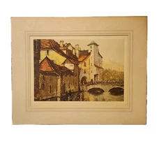 Vintage Hand-Colored Etching After V. Chatillon Framed Art Riverside Village...
