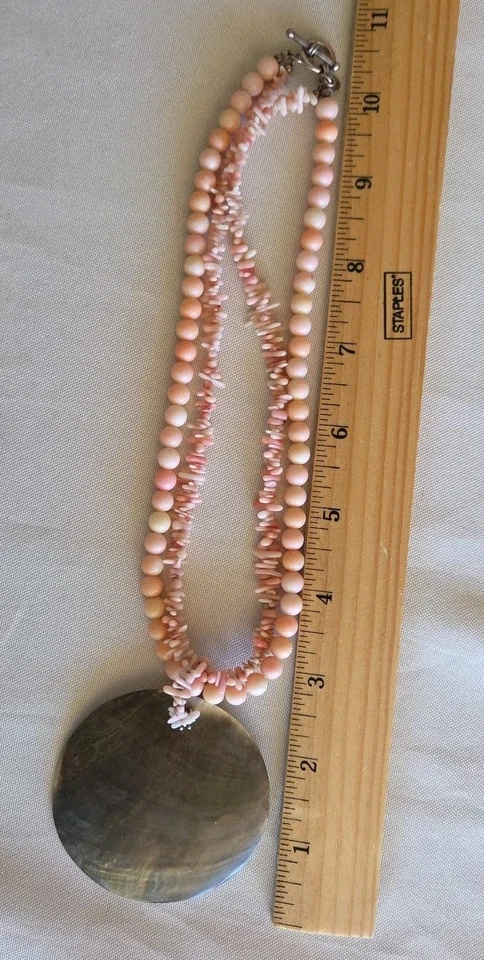 Sally C Treasures Angel Skin Pink Coral Necklace Abalone Shell Pendant Silver925 - Image 4 of 4