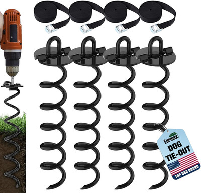 Heavy Duty 4-Pc Spiral Stakes Anchor Kit with Tie Down Straps (Black)