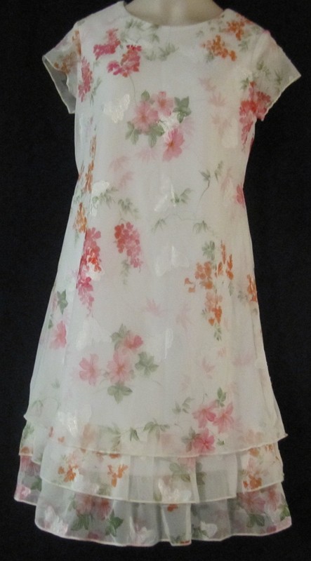IZ Byer California Short Sleeve White Dress with Flowers and Butterflies Size 12