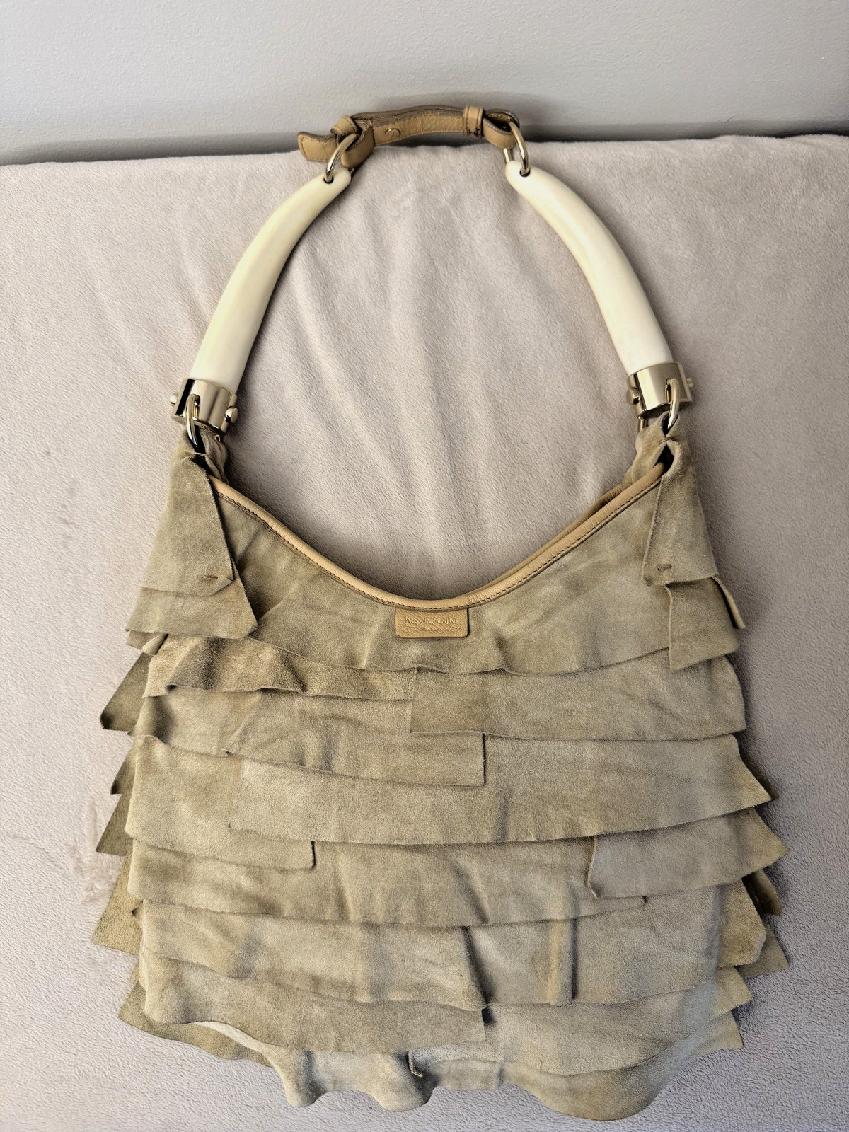 RARE YSL Suede St. Tropez Beige Horn Ruffle Shoulder Bag - Tom Ford Era