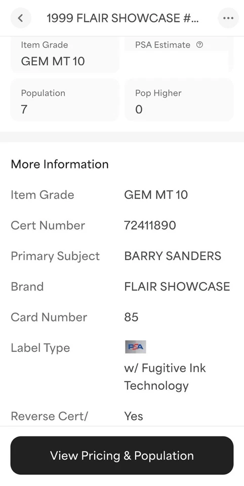 流行 7 PSA 10 Barry Sanders 1999 Flair Showcase Holo Row 2 Showdown 垂直罕见 — 第 3/3 张图片