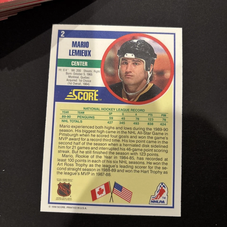 🔥 (100) 1990 Score NHL Hockey Mario Lemieux #2 Pittsburgh Penguins HOF 🐐 - Image 4 of 4