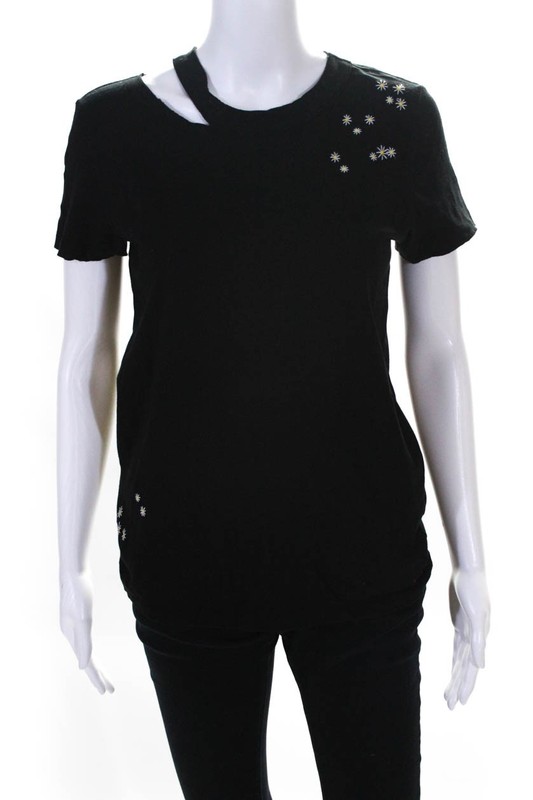 Philanthropy Womens Embroidered Cut Out T Shirt Black White Size Extra Small LL1
