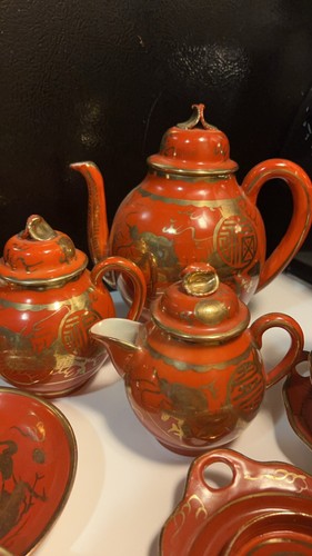 15 Piece Set! Vintage Japanese Eirak Red Orange Gold Dragon Porcelain Tea Set - Picture 3 of 8