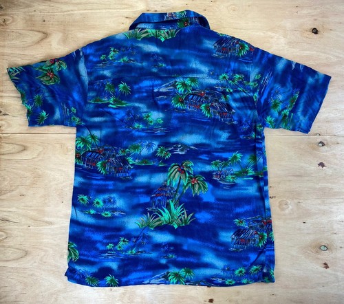 Eighty Eight Hawaiian Shirt Mens Medium Blue Aloha Button Up Rayon Palm Trees - Picture 6 of 6