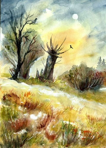 Original Watercolor Painting A4 Summer morning landscape tree in a field Bird - Picture 2 of 8