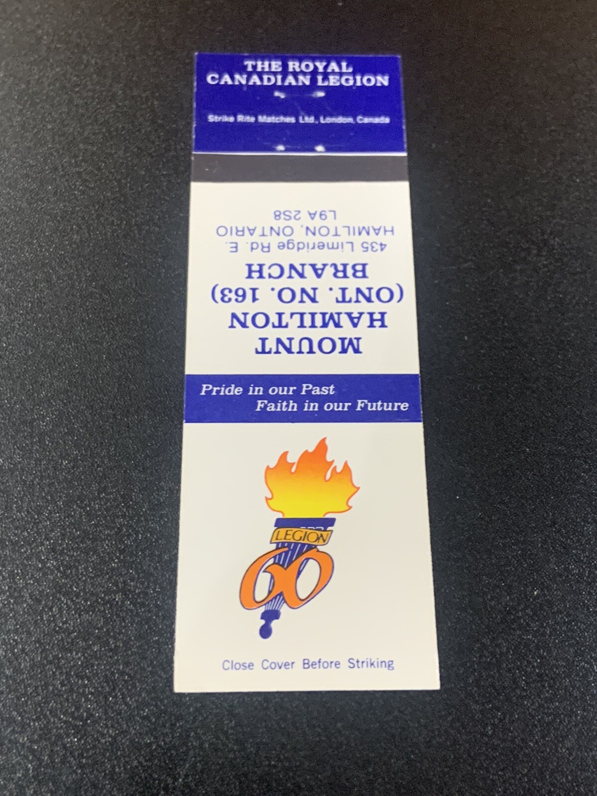 Matchbook Cover Royal Canadian Legion Mt Hamilton Branch 163 Canada