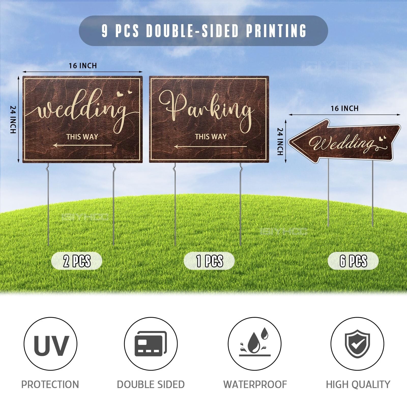 9-Piece Wedding This Way Sign Kit, Double-Sided Wooden Wedding Direction Arro...
