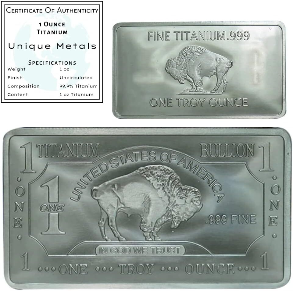 1 Troy Ounce (Oz) Titanium Bar Bullion Paperweight Metal with Certificate of...