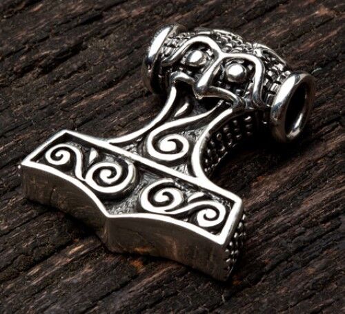 NORSE VIKING THORS HAMMER STERLING SILVER MENS PENDANT LEATHER CHAIN NECKLACE - Picture 3 of 7