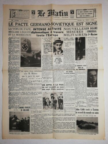 N1167 La Une Du Journal Le Matin 24 août 1939 pacte Germano-soviétique - Afbeelding 1 van 2