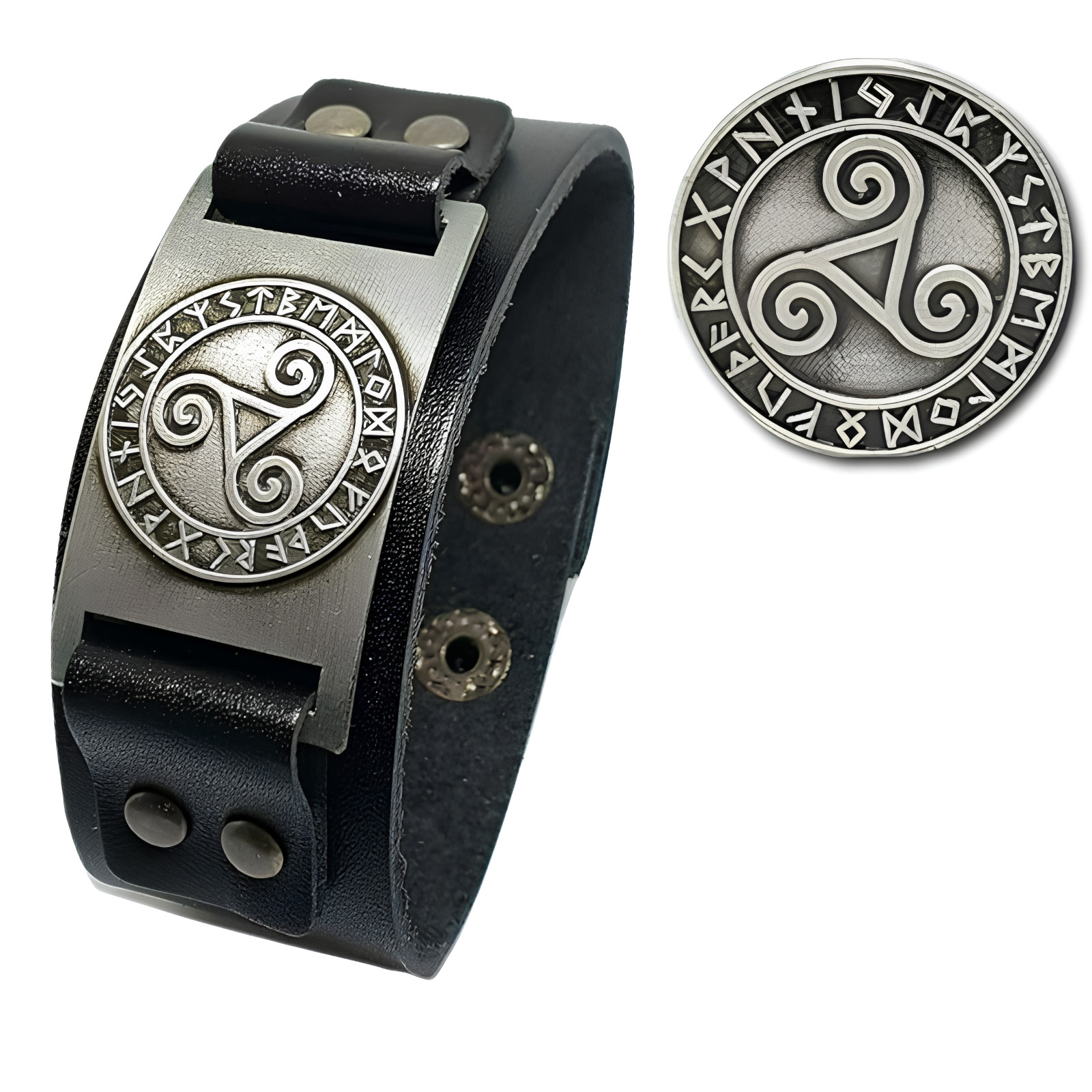 Triskele Bracelet Leather Cuff Triskelion Life Death Rebirth Rune Jewellery