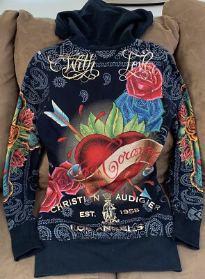 CHRISTIAN AUDIGIER ZIPPER HOODIE BLING WITH LOVE SZ S SHIMMERING