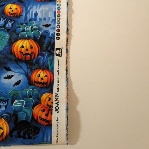Halloween Pumpkin Quilters Cotton Fabric 2yd x 42" Black Cat Graveyard Bats Blue - Picture 3 of 7