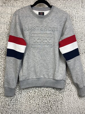 Amsterdam Designs pullover sweatshirt gray with striped sleeves women's size S