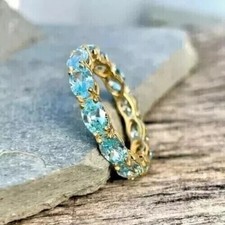 Oval Cut Simulated Aquamarine Stunning Eternity Band Ring 14K Yellow Gold Plated