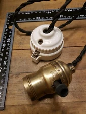 Vintage Closet Light. Hanging  Brass Socket  New Cloth Covered Wire  