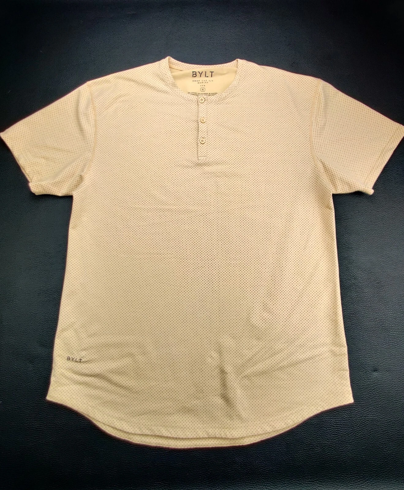 BYLT Basics Men's XL Beige/Grey Dots 1/4 Button Short Sleeve Crew Neck Shirt