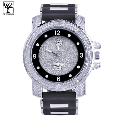 Men's Iced CZ Silver Plated Techno Pave Silicone Band Heavy