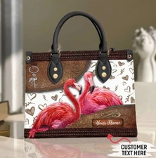 Personalized Flamingo Couple Leather Handbag, Flamingo Lovers Leather Handbag