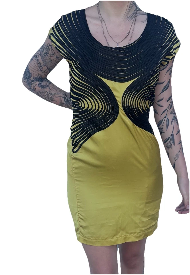 Mini Vestido DIESEL Negro Dorado Mujer Amarillo Detalle Cinta Abstracta Talla XS 0 Foto 2 de 4