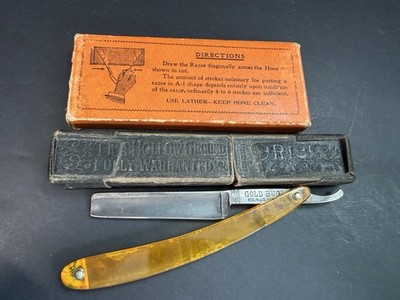Vintage Gold Bug Straight Razor Full Hollow Concoved & Asco Champion Hone