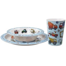 Set of 3 Vehicles Childrens Dinner Breakfast Set Melamine Plate Bowl Cup