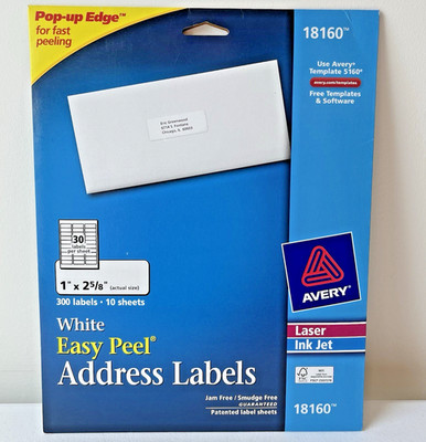 Avery Easy Peel Mailing Address Labels Inkjet 1 x 2 5/8 White 300/Pack # 18160