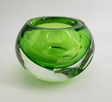 Green Sommerso Art Glass Faceted Votive Candle Holder 4.5