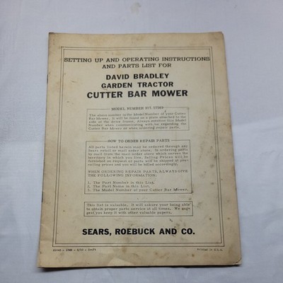 David Bradley Sickle Mower Implement Garden Tractor Owner &Part Manual 917.57569