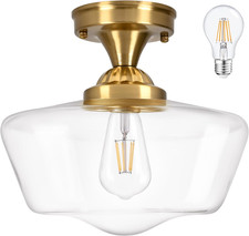 Mid Century Brass Schoolhouse Light Fixture with Clear Glass - Bulb Included