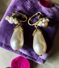 Vintage Gold Dangle Drop Faux Pearl Miriam Haskell Clip On Earrings