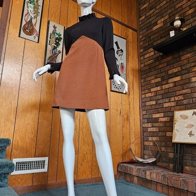 Vtg 60s Mod Ruffled Colorblock Micro Mini Knit Go Go Party Twiggy Wool Dress S - Photo 1/4