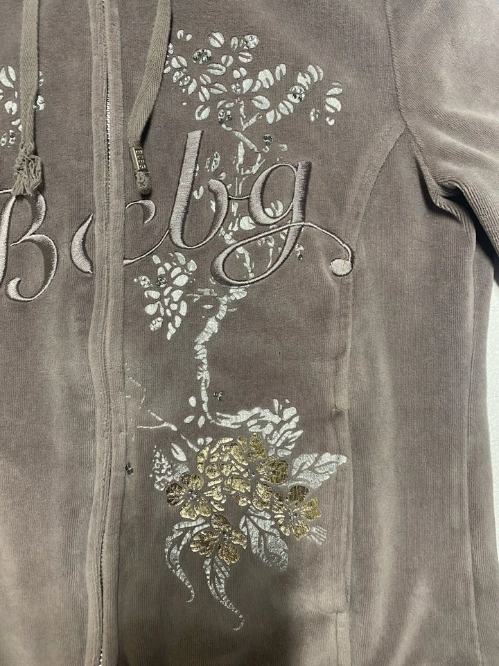 Chaqueta deportiva Y2K BCDG Max Azria terciopelo estampado pavo real beige Am Foto 4 de 4