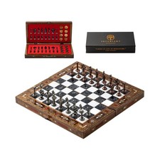 Handmade Folding Wooden Chess Set with Metal Pieces – Walnut Wood Board – Lux...